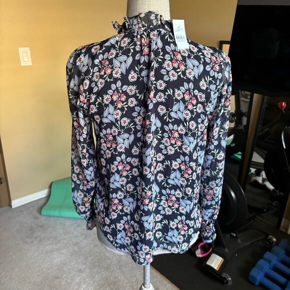LOFT Floral Smocked Ruffle Tie Neck Blouse Navy Long Sleeve Flowy - Picture 4 of 6